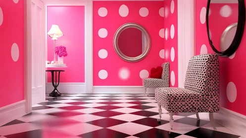Playful pink polka-dot lounge with chic retro charm.