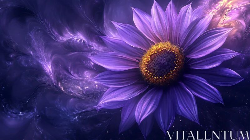 Gentle cosmic sunflower glowing in dreamy violet light.