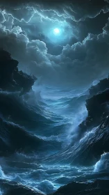 Luminous storm ocean under spiral moonlit vortex sky.