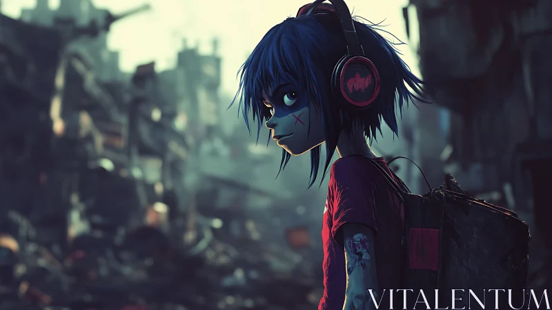 Blue haired youth with headphones in ruined urban landscape.
