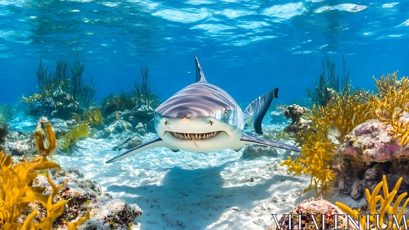Curious reef shark glides through bright corals in clear water
