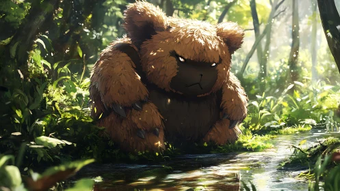 Grumpy furry bear creature crouched by forest stream.