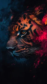 High-contrast tiger profile rendered with neon-edge brush dynamics