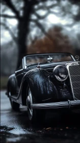 Classic black convertible stands on wet road in soft focus