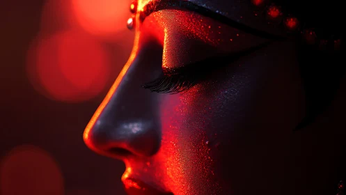 Cinematic close-up of illuminated female profile in red bokeh