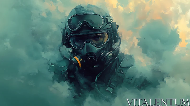 Gas-masked soldier emerges through toxic teal smoke.