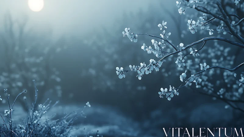 Nocturnal misty orchard with frost-kissed spring blossoms