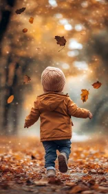 Tiny wanderer chasing golden leaves in a glowing autumn lane.