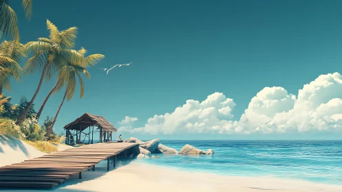 Tropical Coastal Pier with Thatched Pavilion: Serene Seascape Rendering