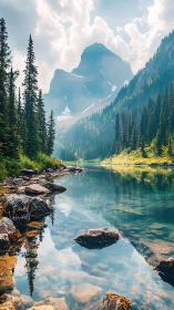 Mountain lake with pine forest and clear water reflection.