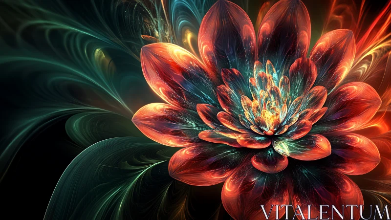 Fractal flower bloom with luminous red and teal petals.