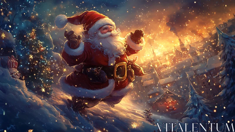 Joyful Santa glides above a glowing, snowlit Christmas town