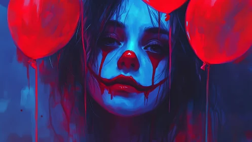 Melancholic clown girl framed by glowing crimson balloons.