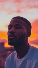 Sunset portrait wrapped in neon dusk and quiet confidence.