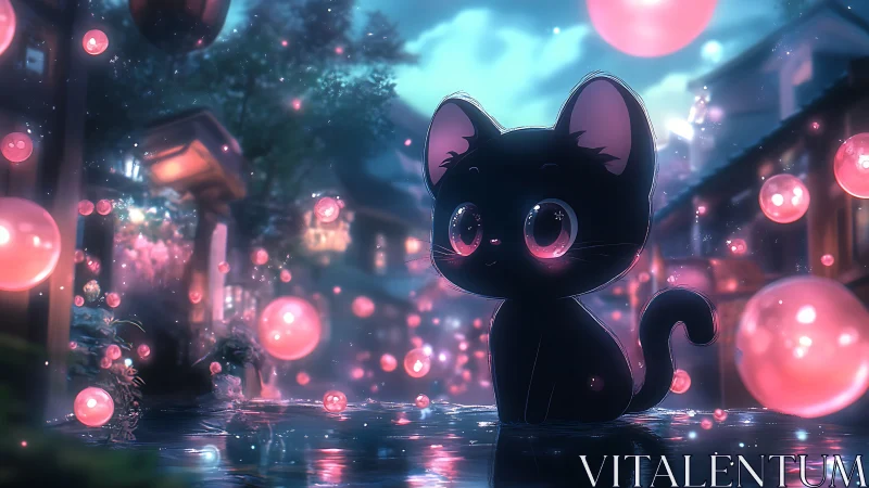 Moonlit kitten among glowing orbs in a dreamy street.
