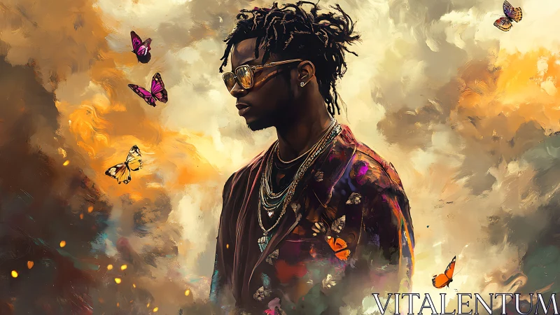 Portrait of urban figure with butterflies in painterly clouds