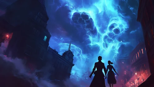 Couple Stands Beneath a Glowing Storm of Blue Wonder.