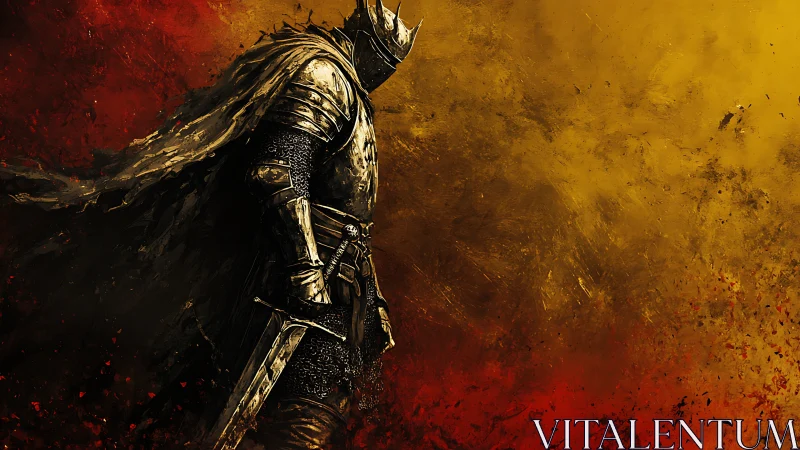 Lone armored king strides through firelit dusk skies.