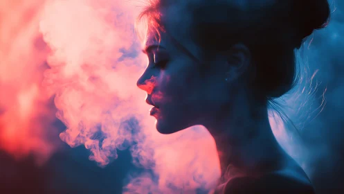 Silhouetted woman exhales neon smoke in moody profile.