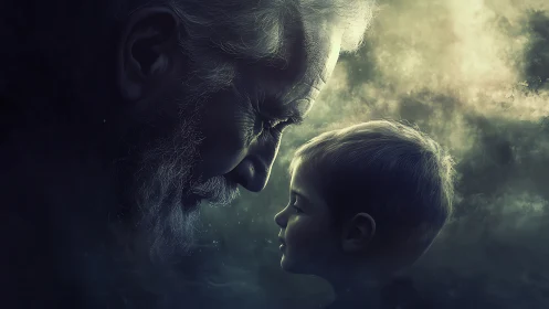 Elderly man and young boy facing each other in misty light.