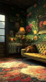 Vintage floral sitting room with lamp, sofa, and rug.