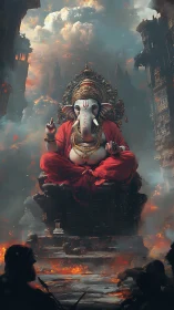 Stormlit elephant deity thrones above a burning ruin.