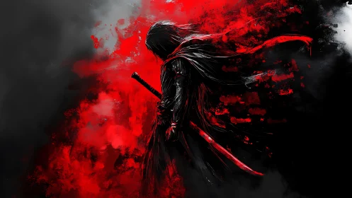 Hooded swordsman silhouette rendered in high-contrast red splatter field