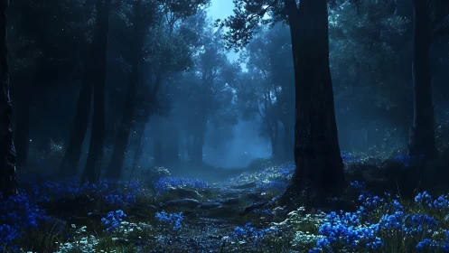 Luminescent forest pathway with bioluminescent blue flowers at nightfall