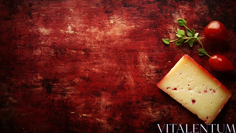 Hard cheese wedge with herbs and tomatoes on distressed red board