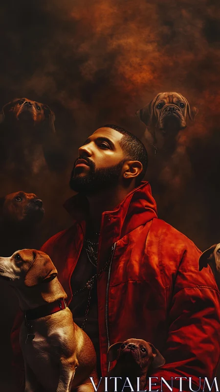 Moody portrait of man in red parka surrounded by vigilant dogs.