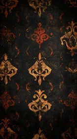 Distressed gold damask pattern on dark textured background.