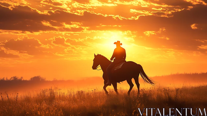 Cowboy rider crosses glowing prairie at blazing sunset.