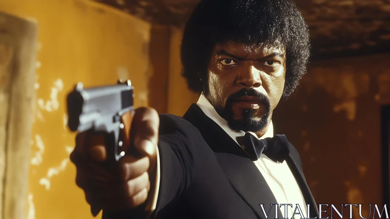 Serious suited man aiming handgun in dim interior scene.