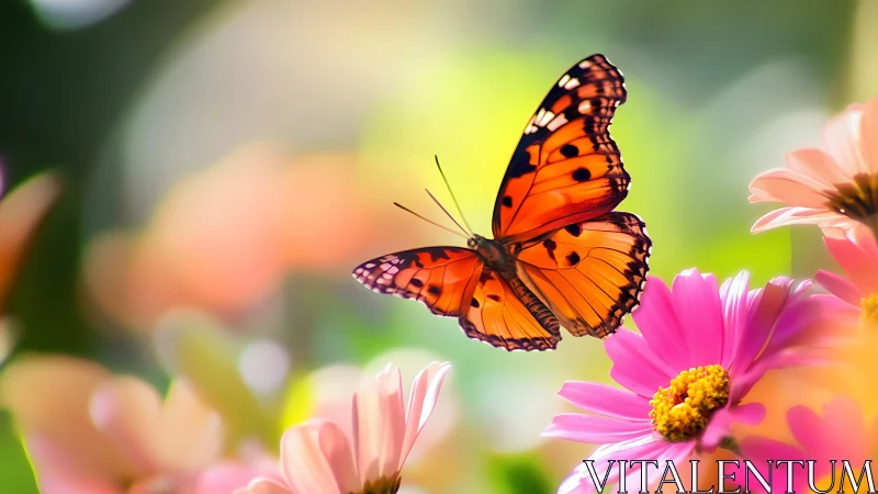 Orange butterfly in midair above pink and pastel flowers.