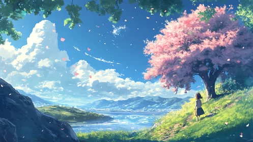 Girl under cherry tree above lake with distant mountains.
