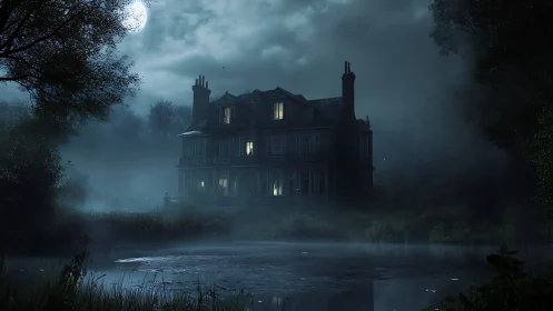 Moonlit manor house stands by mist-covered reflective lake