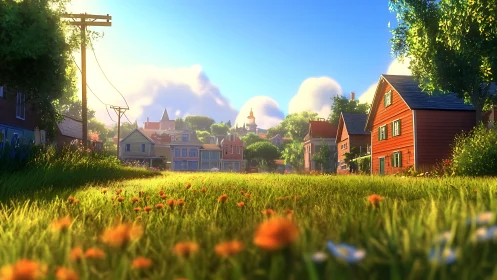 Sunlit small town meadow leads to colorful village skyline.