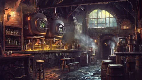 Industrial fantasy brewhouse interior in rich digital painting.