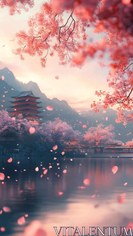 Cherry blossom pagoda over tranquil reflective lake at dusk.