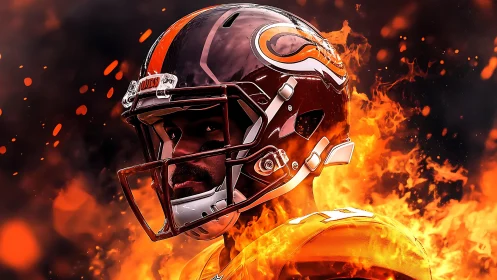 Digital painting of football player helmeted in stylized flames.