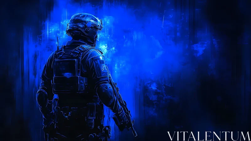 Cybernetic trooper stands in luminous cobalt tactical haze
