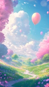 Digital painting of pastel valley with balloons and blossoms.