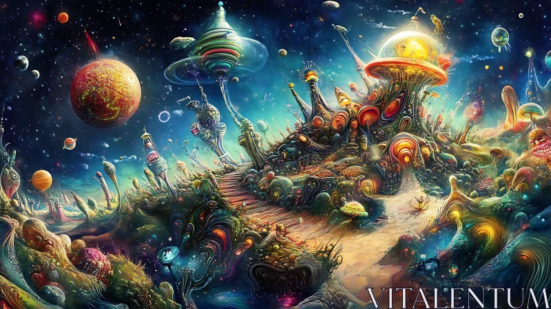 Psychedelic alien metropolis under swirling cosmic skies.