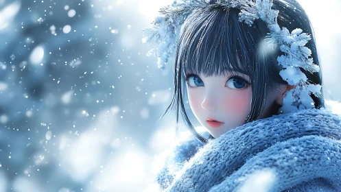 Anime winter portrait with frosted wreath and soft bokeh focus.