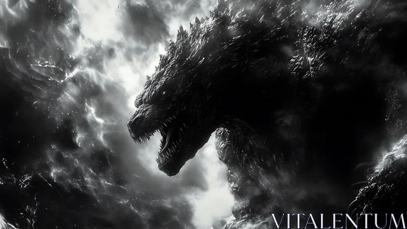 Monochrome dragon silhouette emerging from dense clouds.