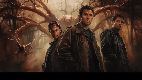 Hunters confront winged forest horror under twisted canopy