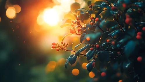 Sunlit berries glow in soft bokeh at golden hour.