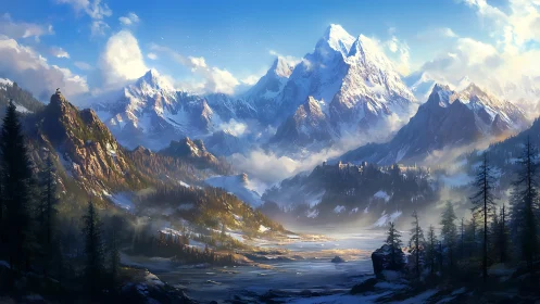 Snowlit alpine peaks over misty conifer valley panorama.