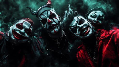 Neon nightmare clowns grin through swirling carnival smoke.