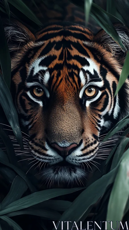 Jungle-eyed tiger pauses within shadowy emerald blades.